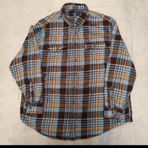 GEORGE Mens 3XL 54 Shirts Flannel Plaid Button Up Brown Long Sleeve Dual Pockets